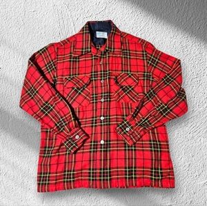 Vintage‎ 60s Towncraft Penneys Flannel Wool Shirt Loop Collar Mens L Red Plaid